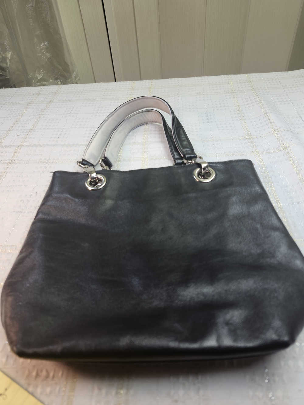 Talbots Black Leather Shoulder Tote with Silver Rings